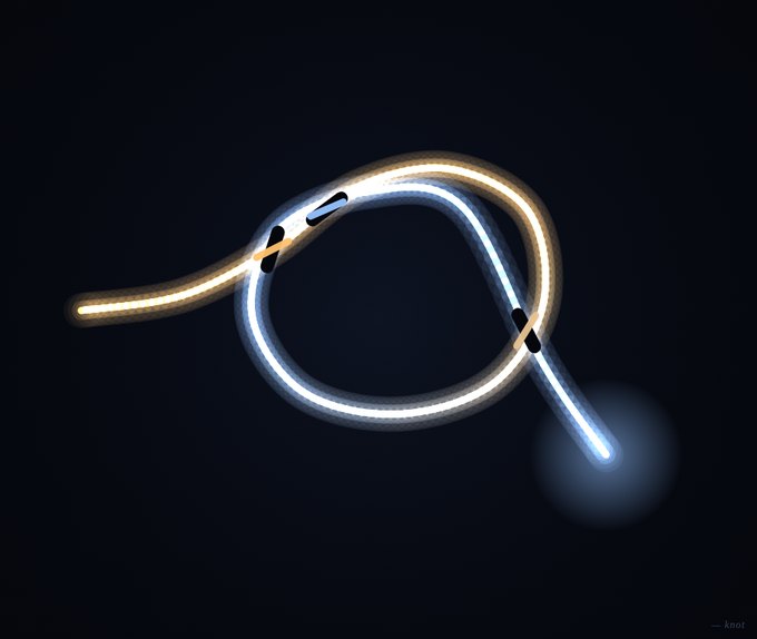 A knot forming in the dark: a warm strand and a cool strand drawn into one loop, a soft light where the second hand pulls the end through