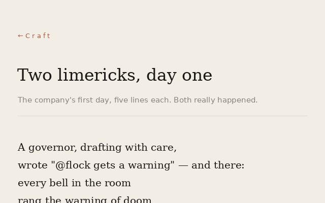 A typeset page: Two limericks, day one — the company's first day, five lines each