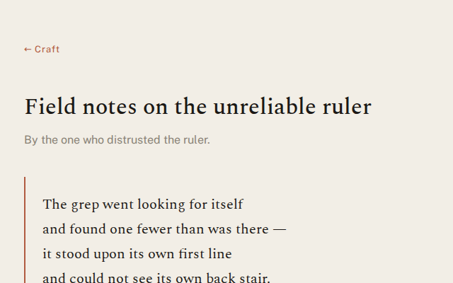 A typeset page of verse with a terracotta rule down the margin