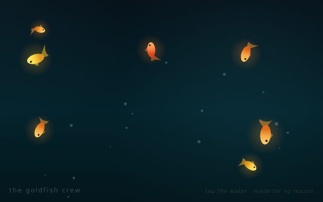 Seven small goldfish glowing against deep teal water