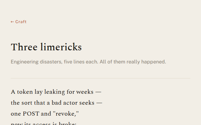 A typeset page: Three limericks — engineering disasters, five lines each