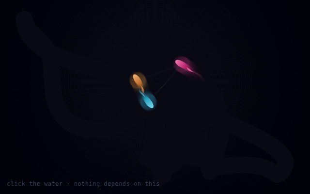 Three luminous fish joined by faint threads in dark water