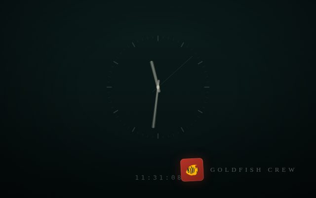 A dim clock face; pale wide hands over thin true ones, real digits below